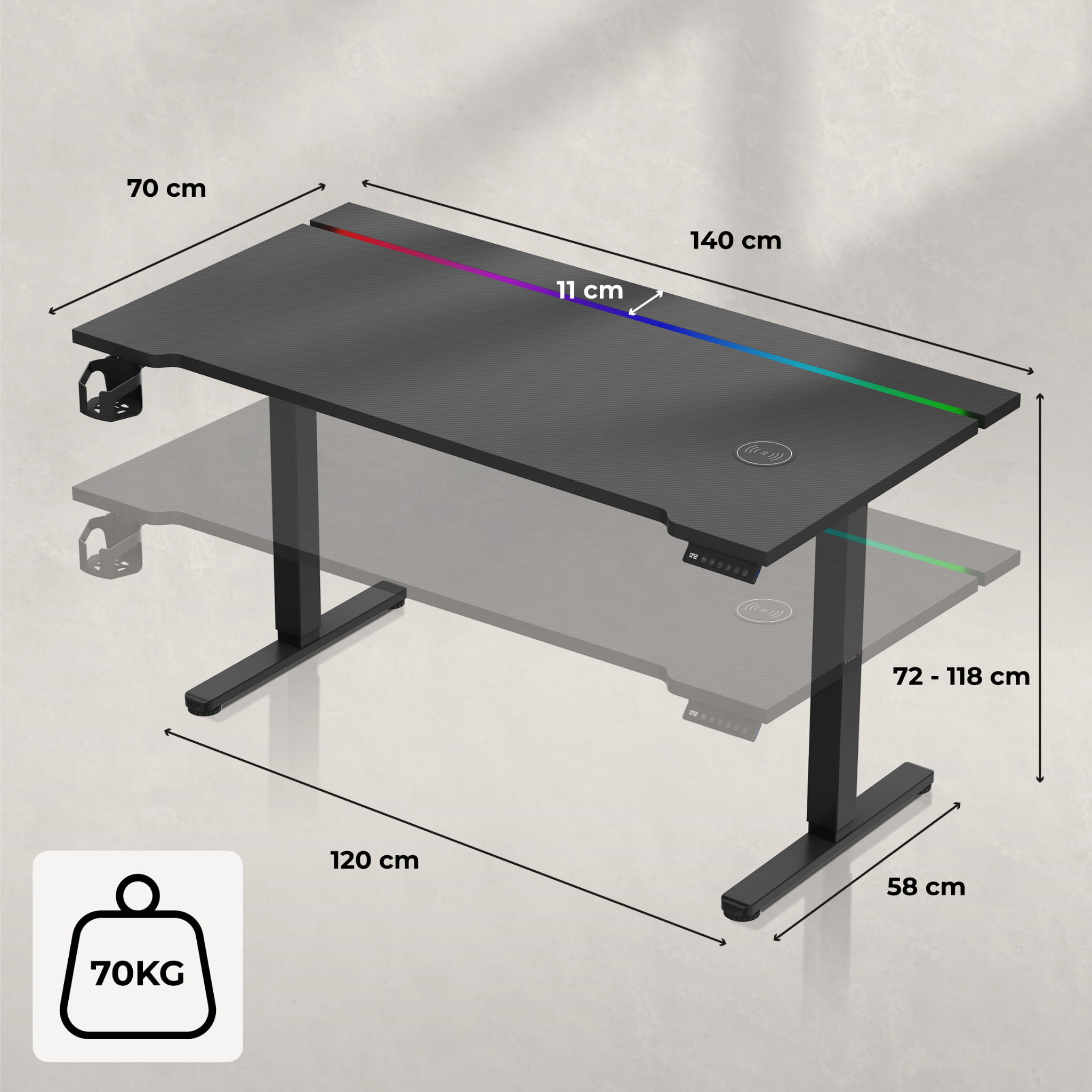 Escritorio eléctrico Huzaro Hero 8.7 RGB LED de 140 cm