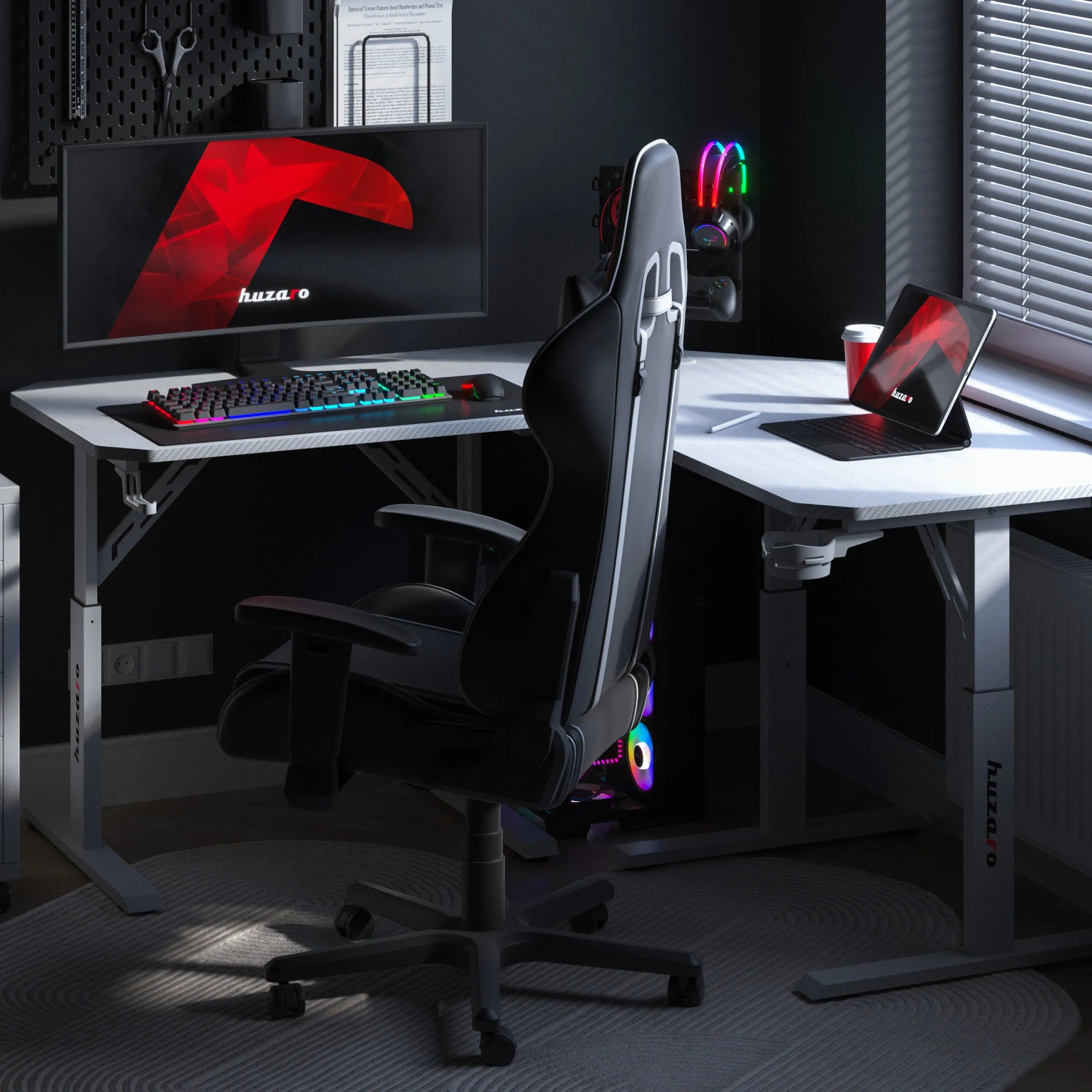 Escritorio gaming esquinero con altura regulable Huzaro Hero 7.3 White
