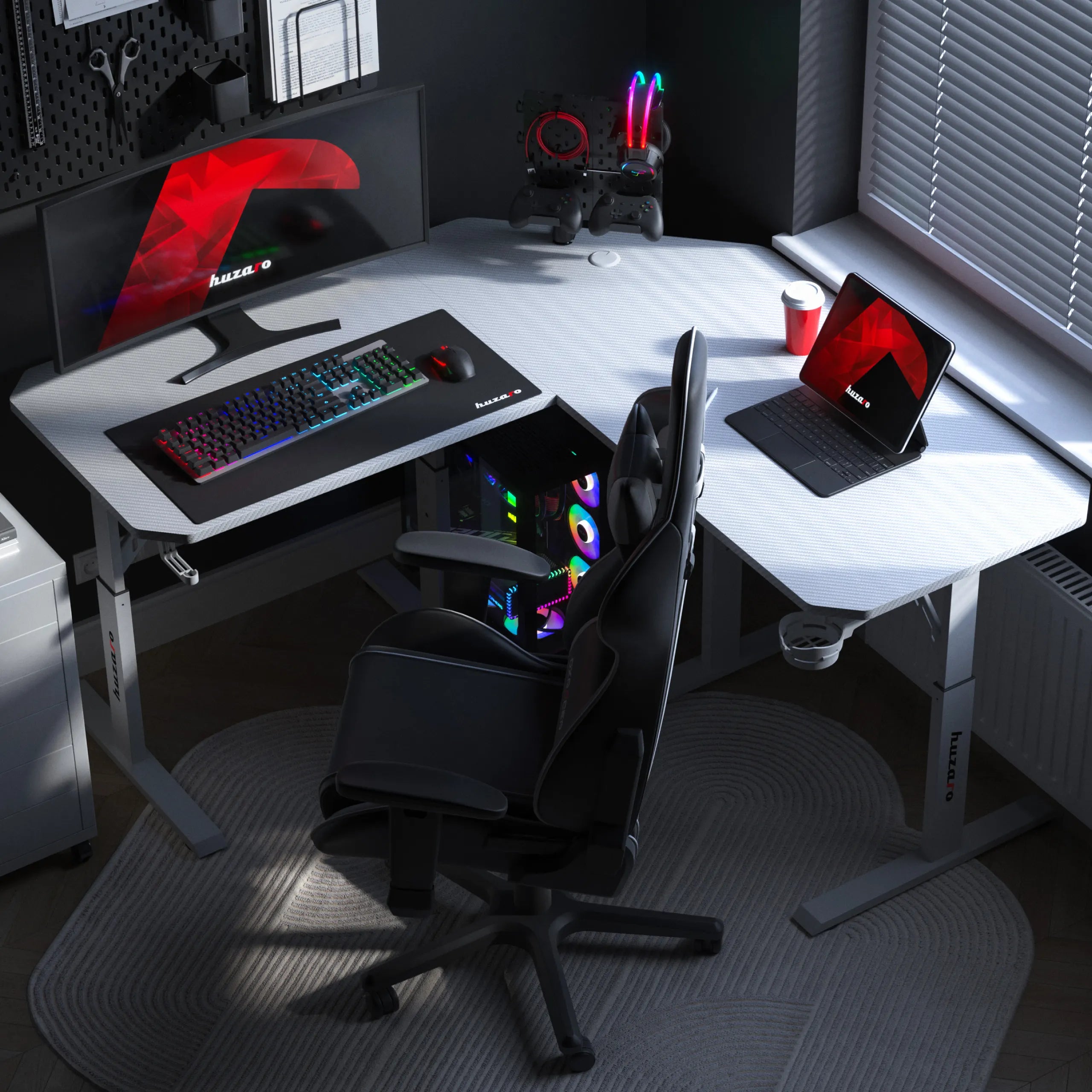 Escritorio gaming esquinero con altura regulable Huzaro Hero 7.3 White