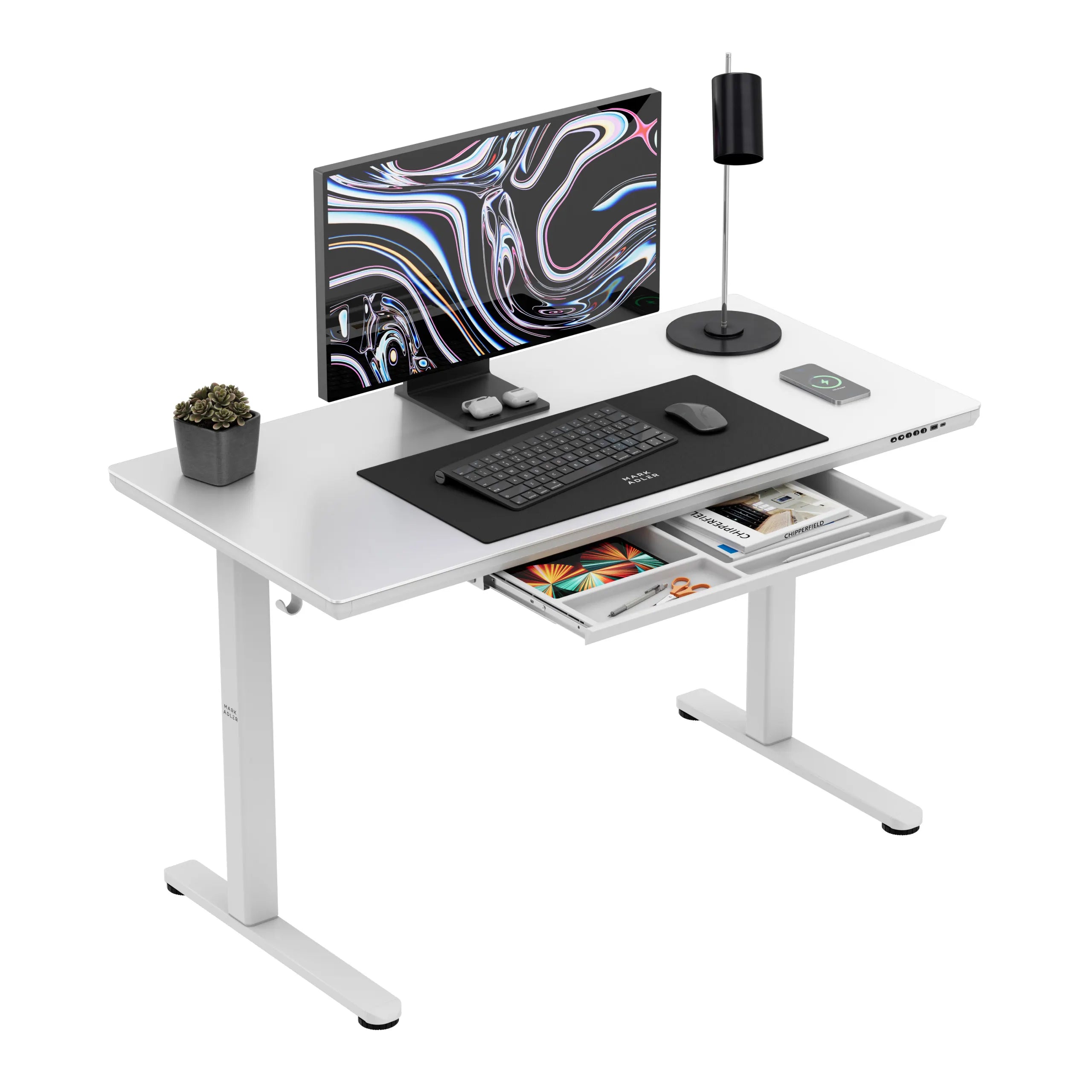 Escritorio eléctrico con tablero de cristal Mark Adler Leader 8.5 White