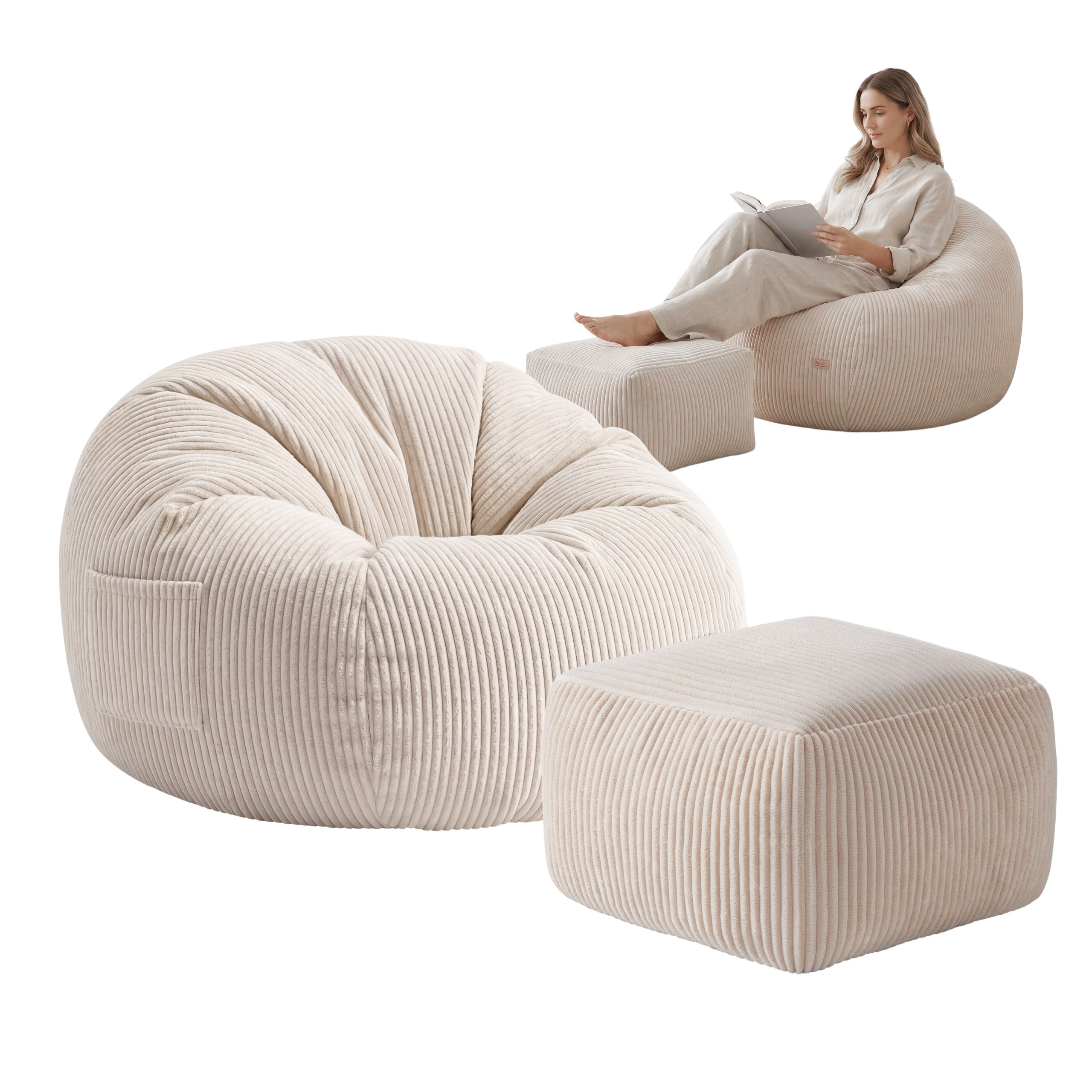 Sillón puf de pana con reposapiés Mark Adler Comfy 3.0 Beige