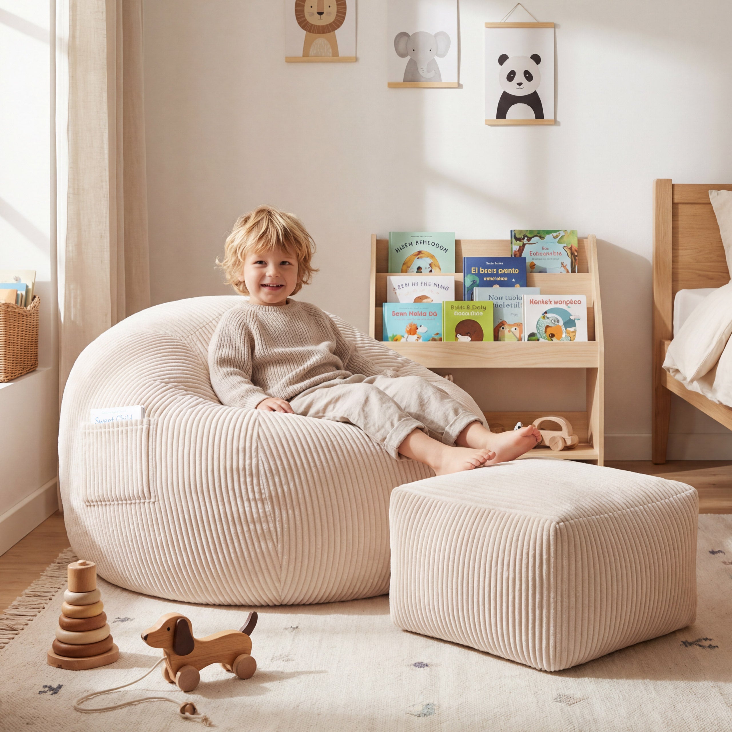 Sillón puf de pana con reposapiés Mark Adler Comfy 3.0 Beige