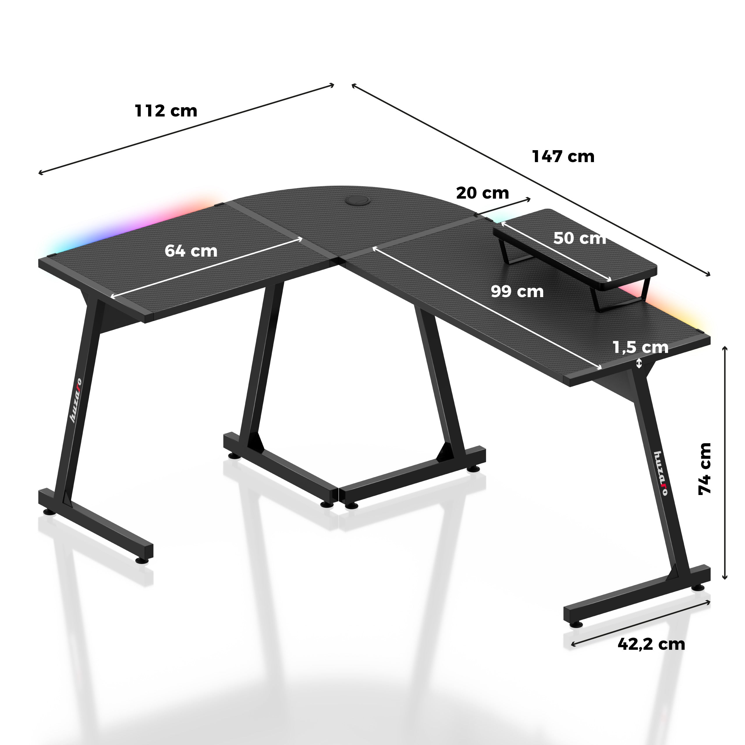 Escritorio para videojuegos HUZARO HERO 6.0 Black RGB Smart de 147 cm