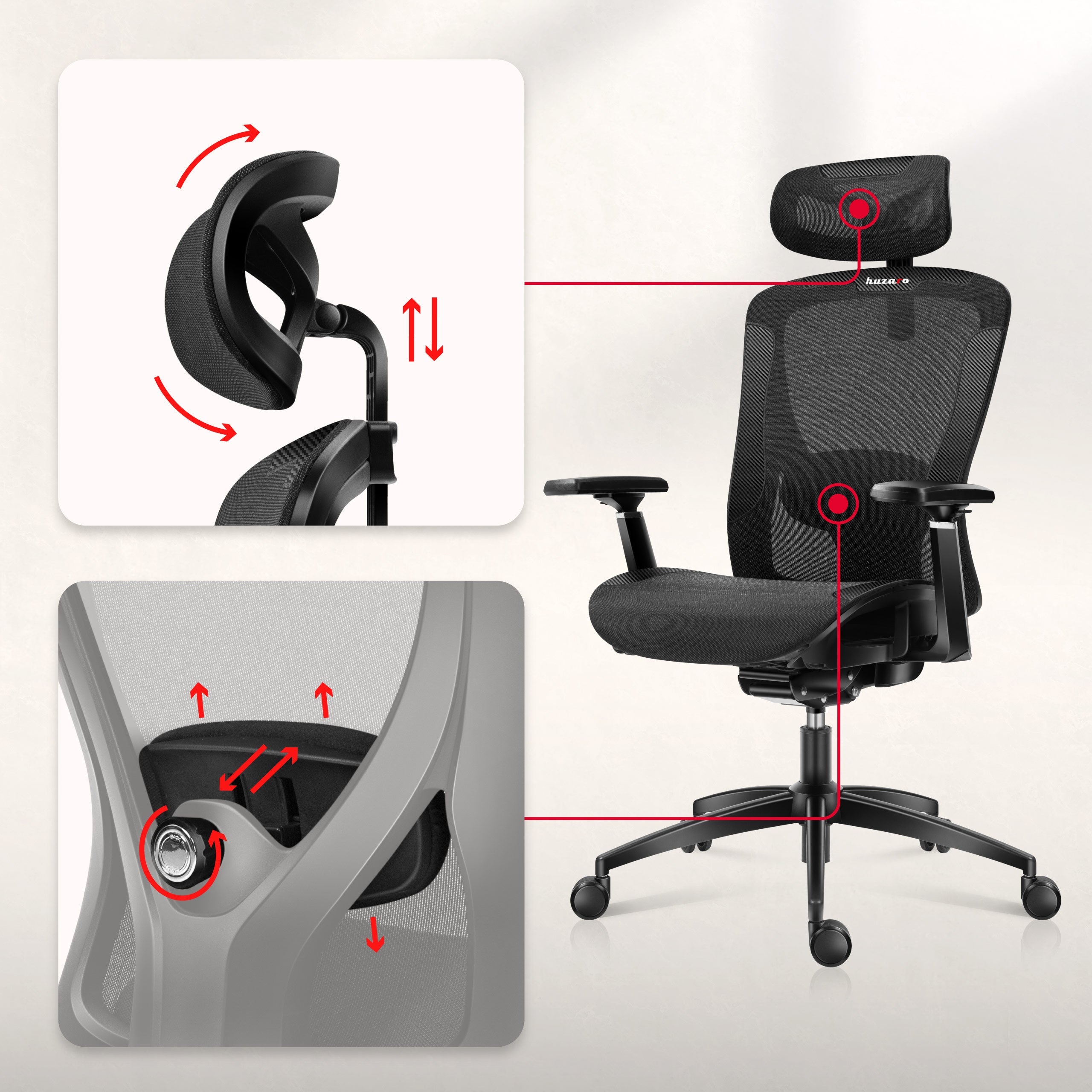 Apoyo lumbar ajustable en 2D y reposacabezas ajustable